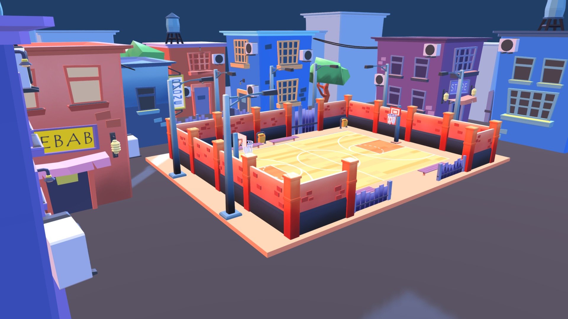 Stylized city scene with a basketball-court. 3d model