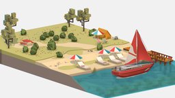 Isometric Red Yacht Scene MotorBoat Red