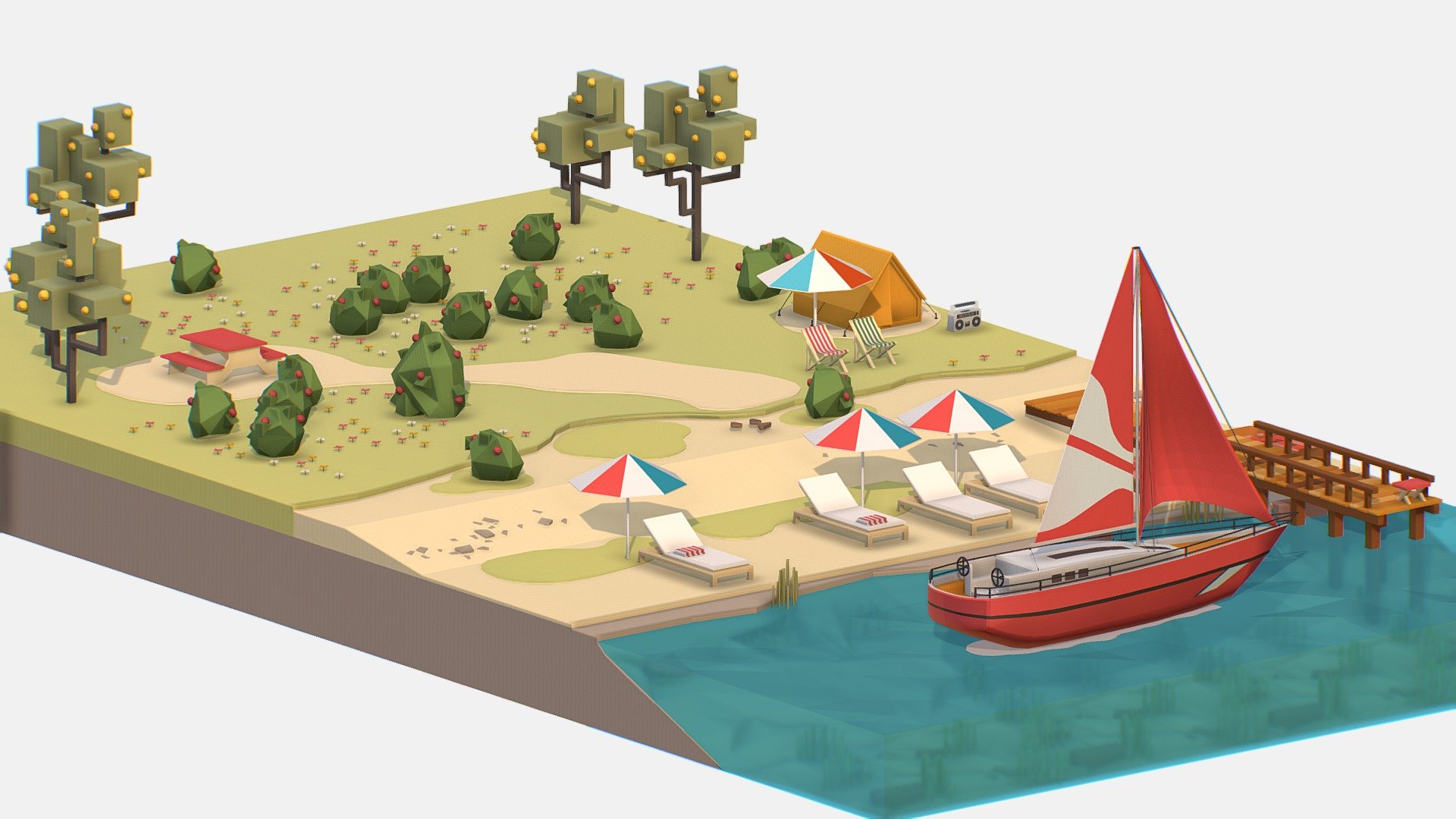 Isometric Red Yacht Scene MotorBoat Red 3d model