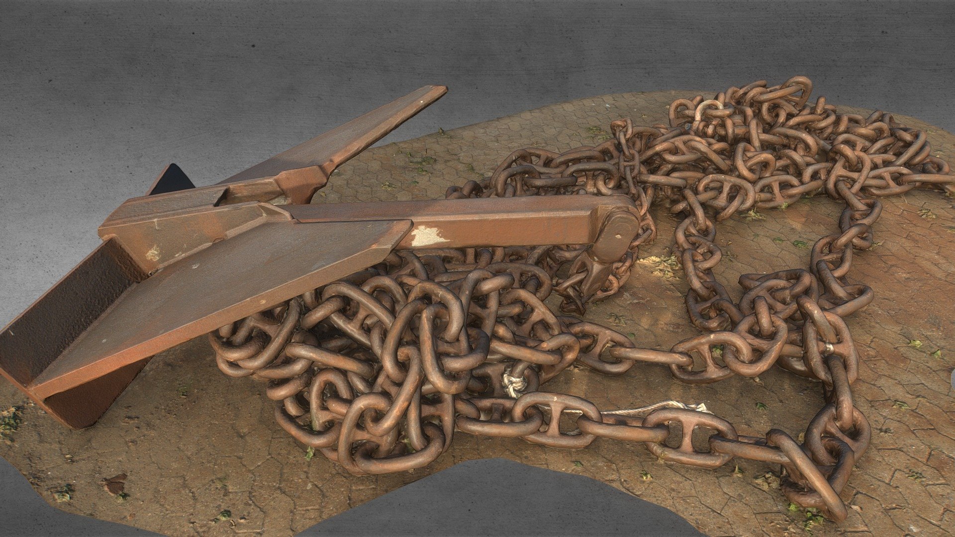 Big anchor and attached chains 3d model