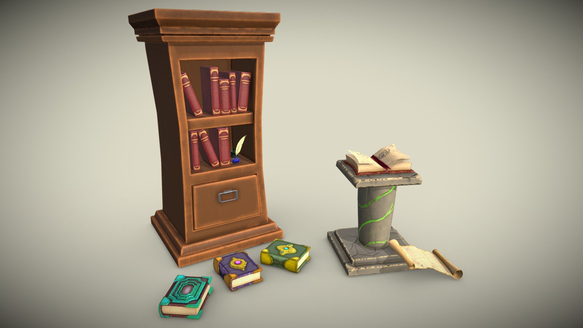 Stylized set stone stand bookcase books papyrus 3d model