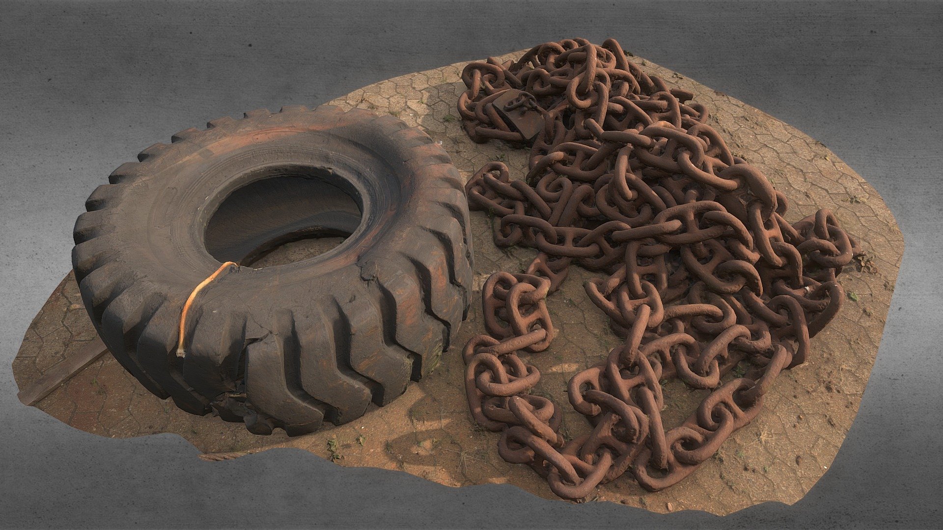 Big damaged tire and metal anchor chain 3d model