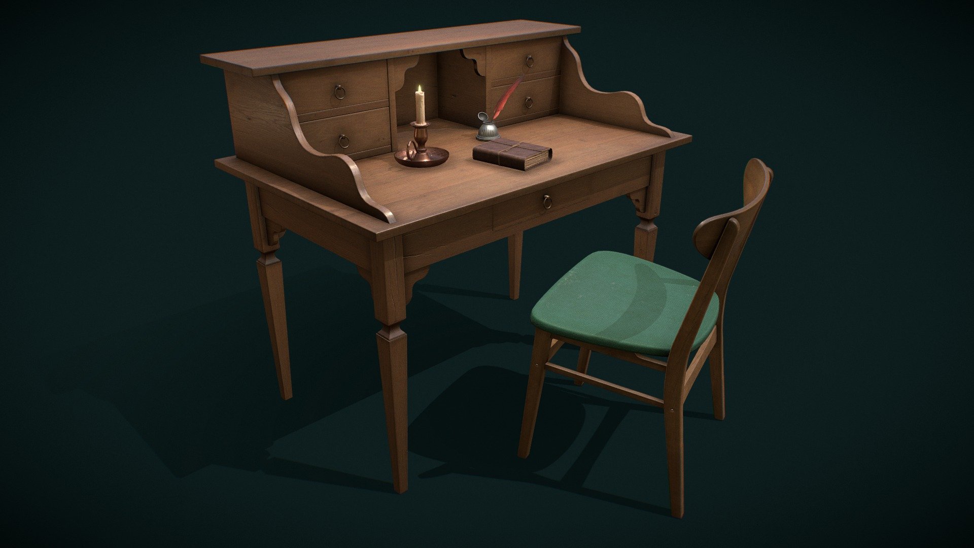 Wooden writing desk with props 3d model