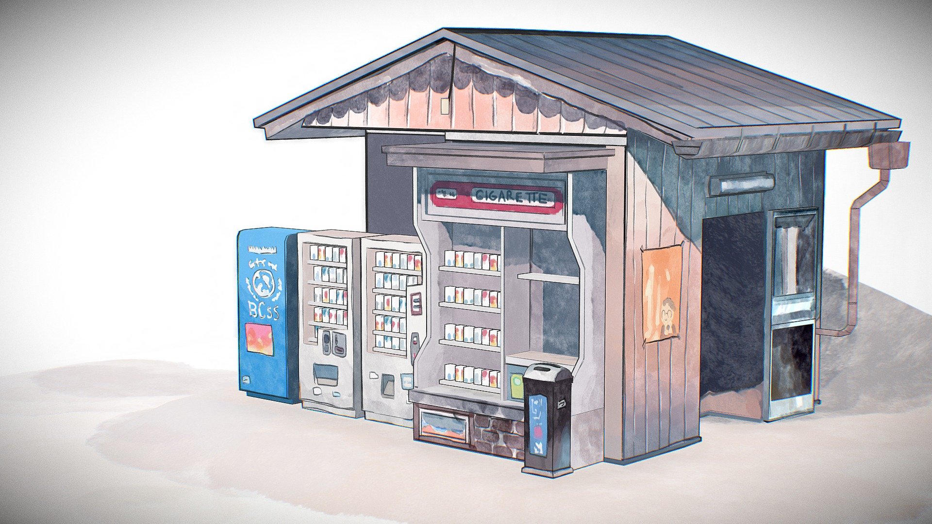 Cabin Vendor Watercolor Scene 3d model