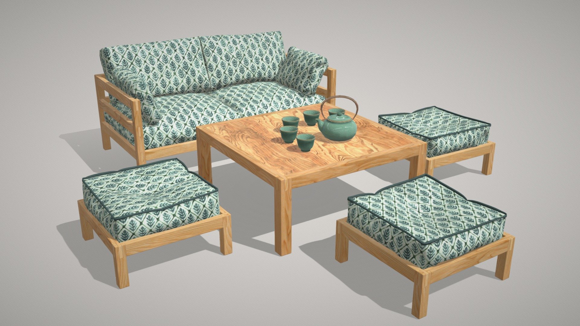 Green table group in Asian style (3D) 3d model