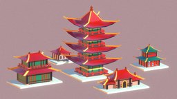 Low Poly Chinese Houses, vertex painted