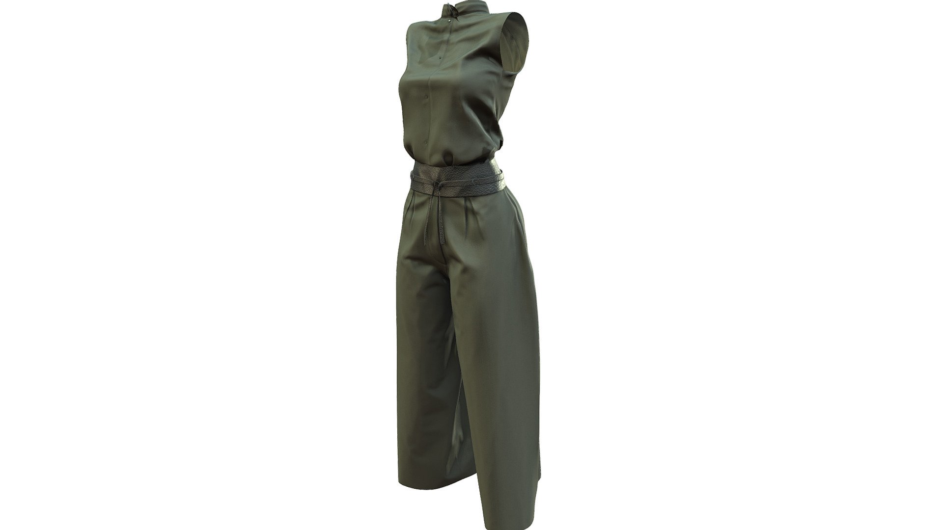 Female Sleevless Green Belted Jumpsuit 3d model