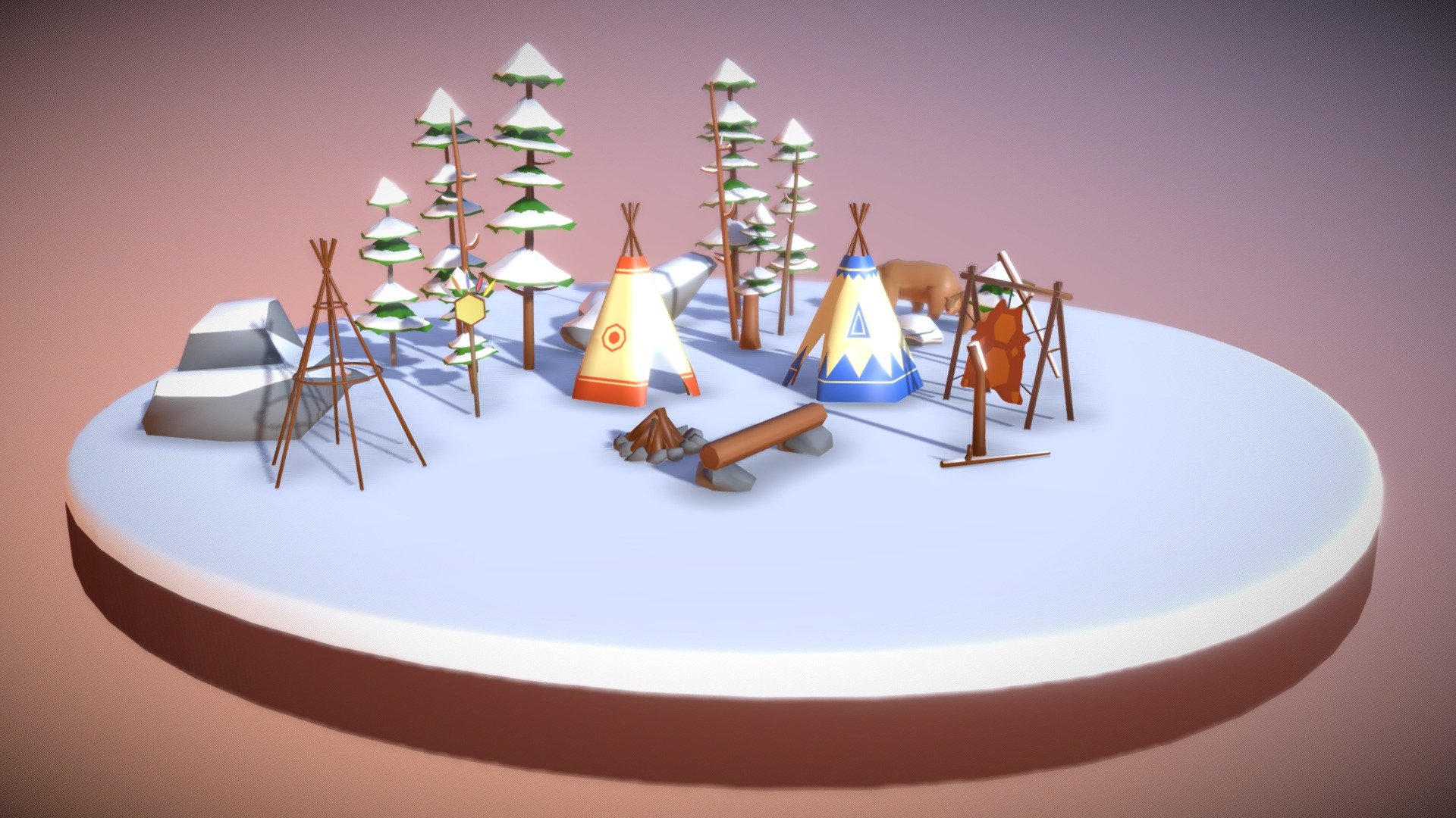 Native American Village-low poly 3d model