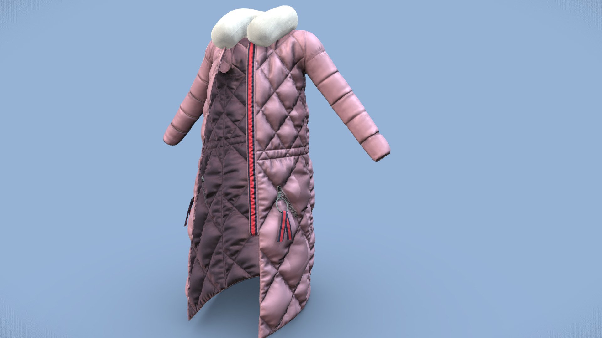 Quilted Long Coat With Fur-trimmed Neck 3d model