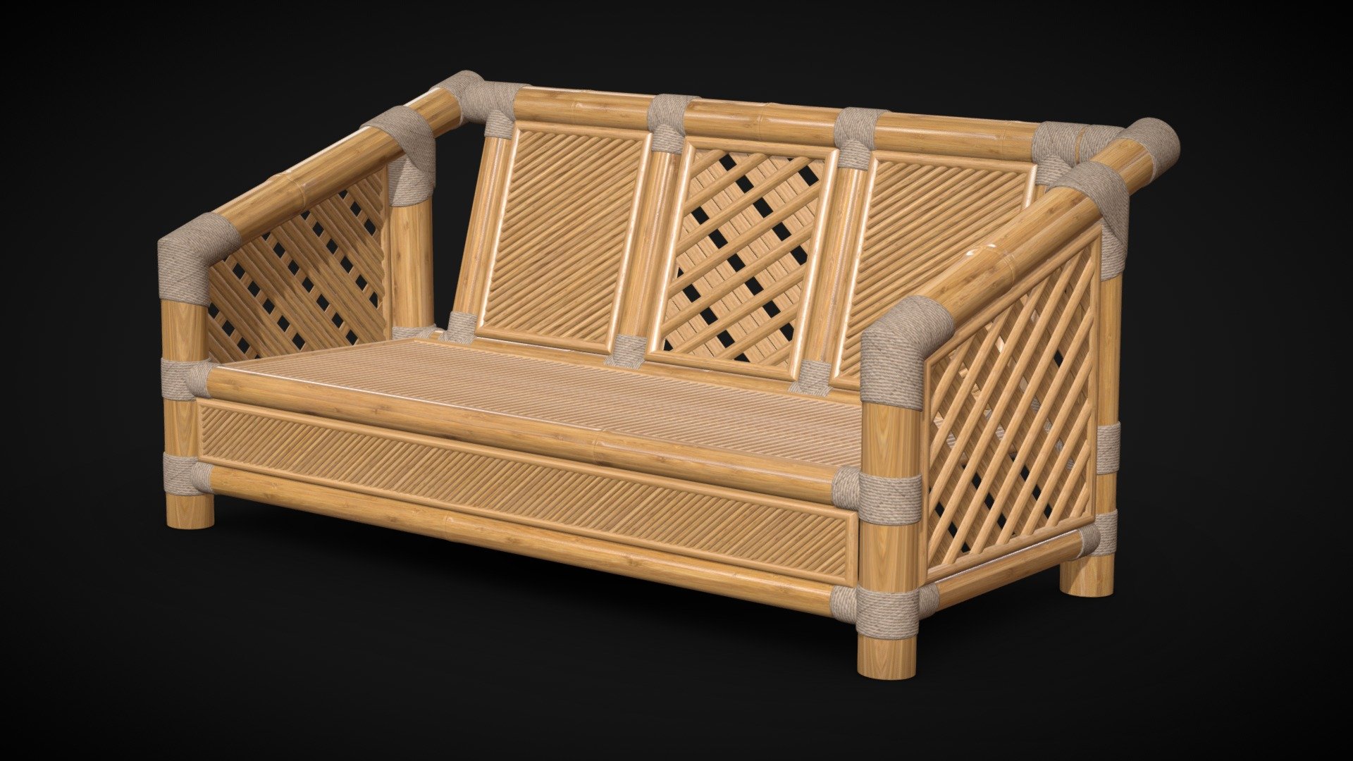 Wooden roped bamboo bench 3d model