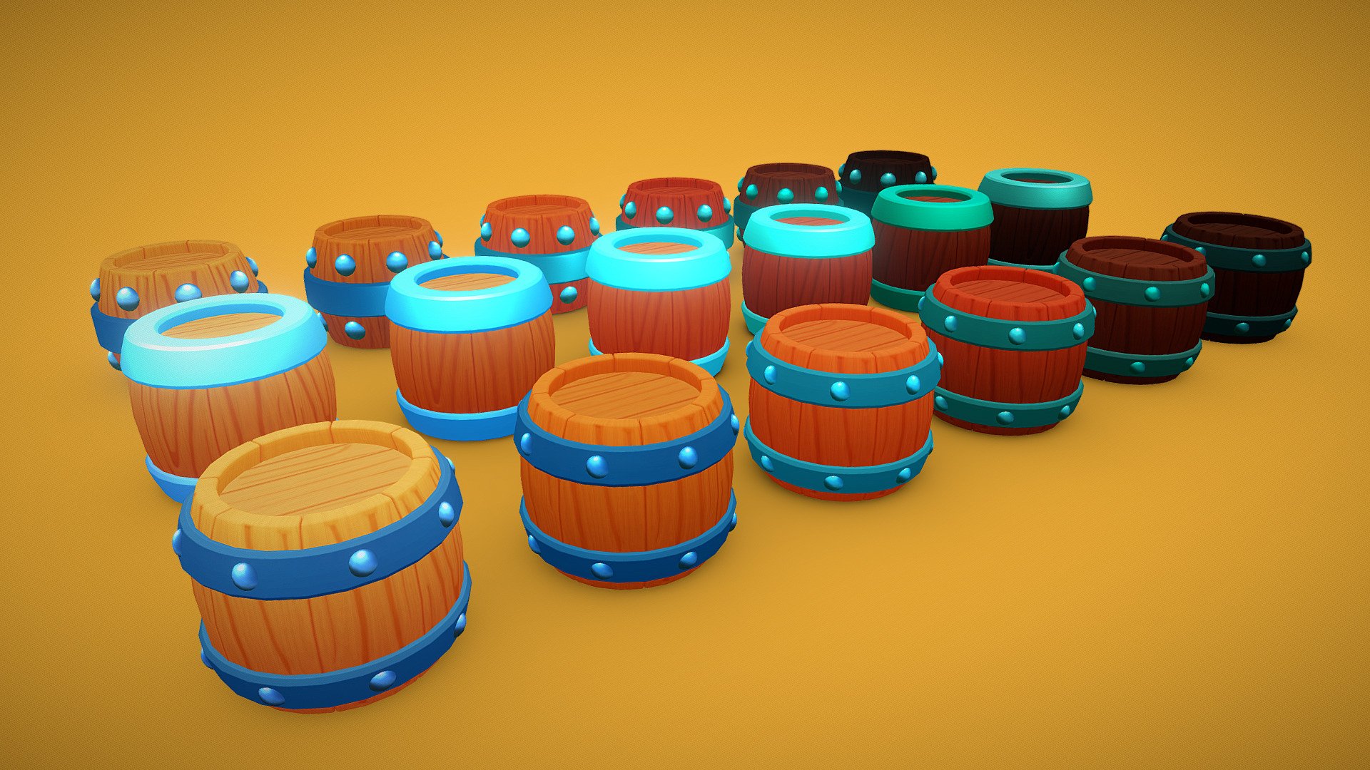 Pack of Cartoon Wooden Barrels 3d model