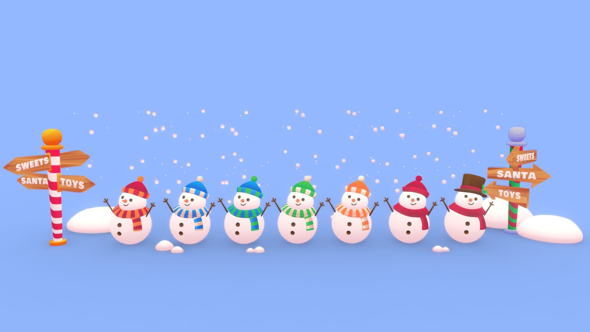 cute stylized snowmen and north pole signs 3d model