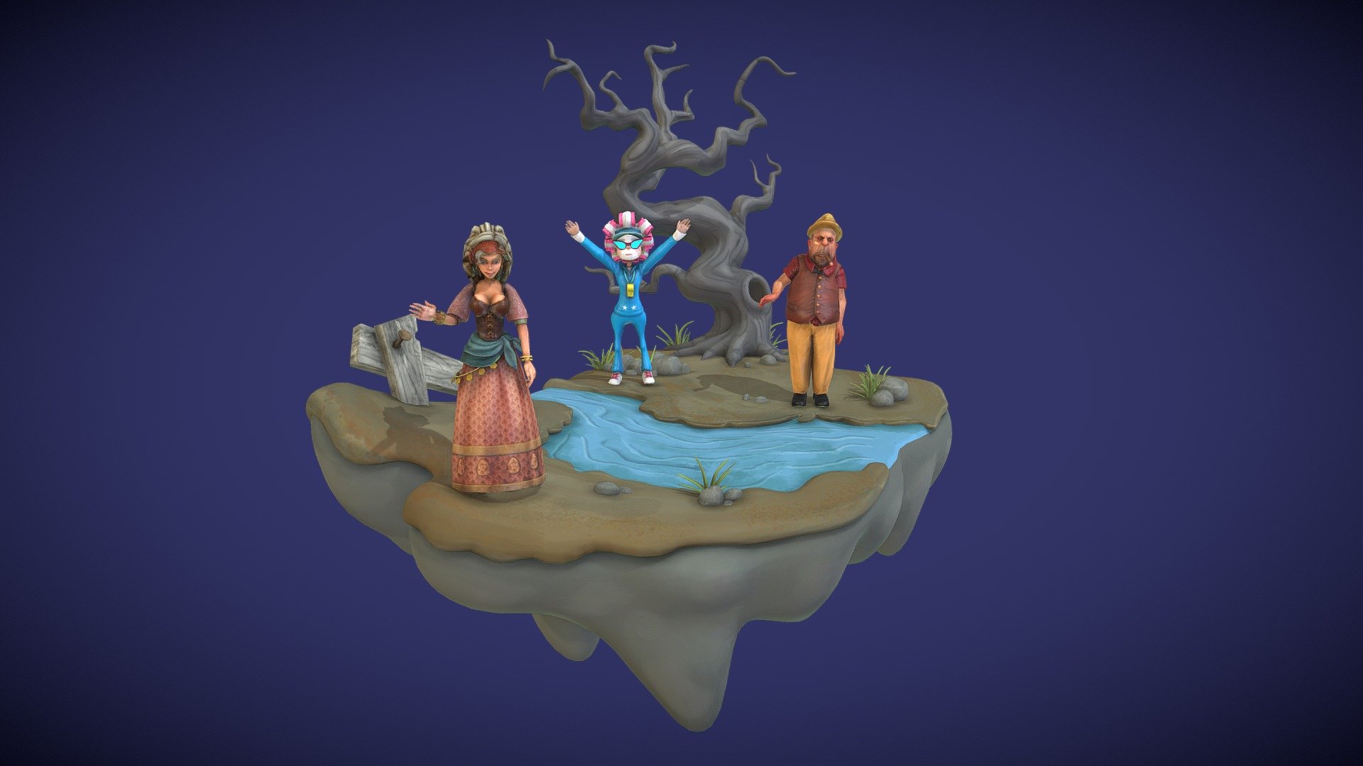 Animated Diorama Loop with 3 Characters Waving 3d model