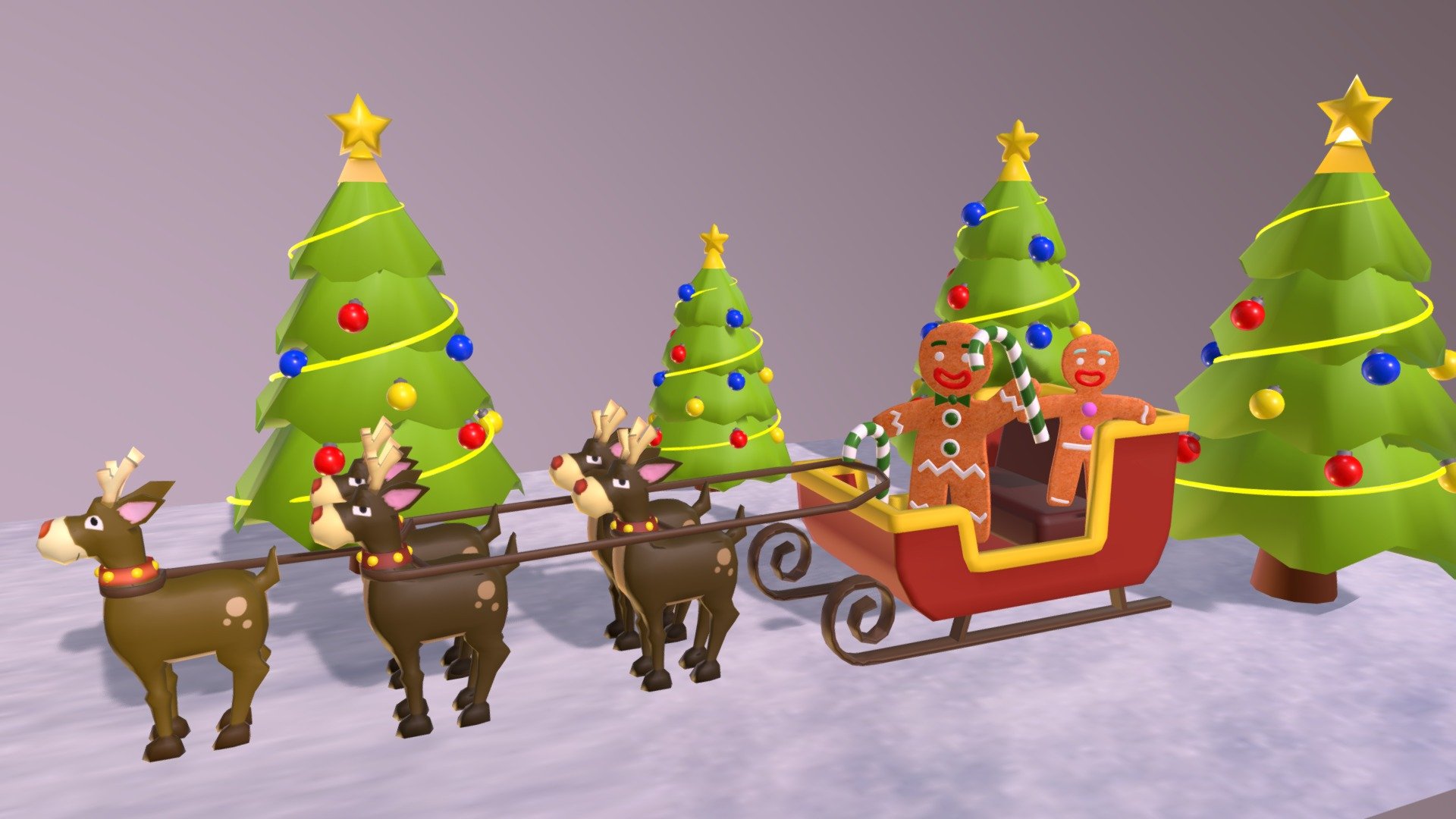 Christmas sleigh With Deers And decoration 3d model