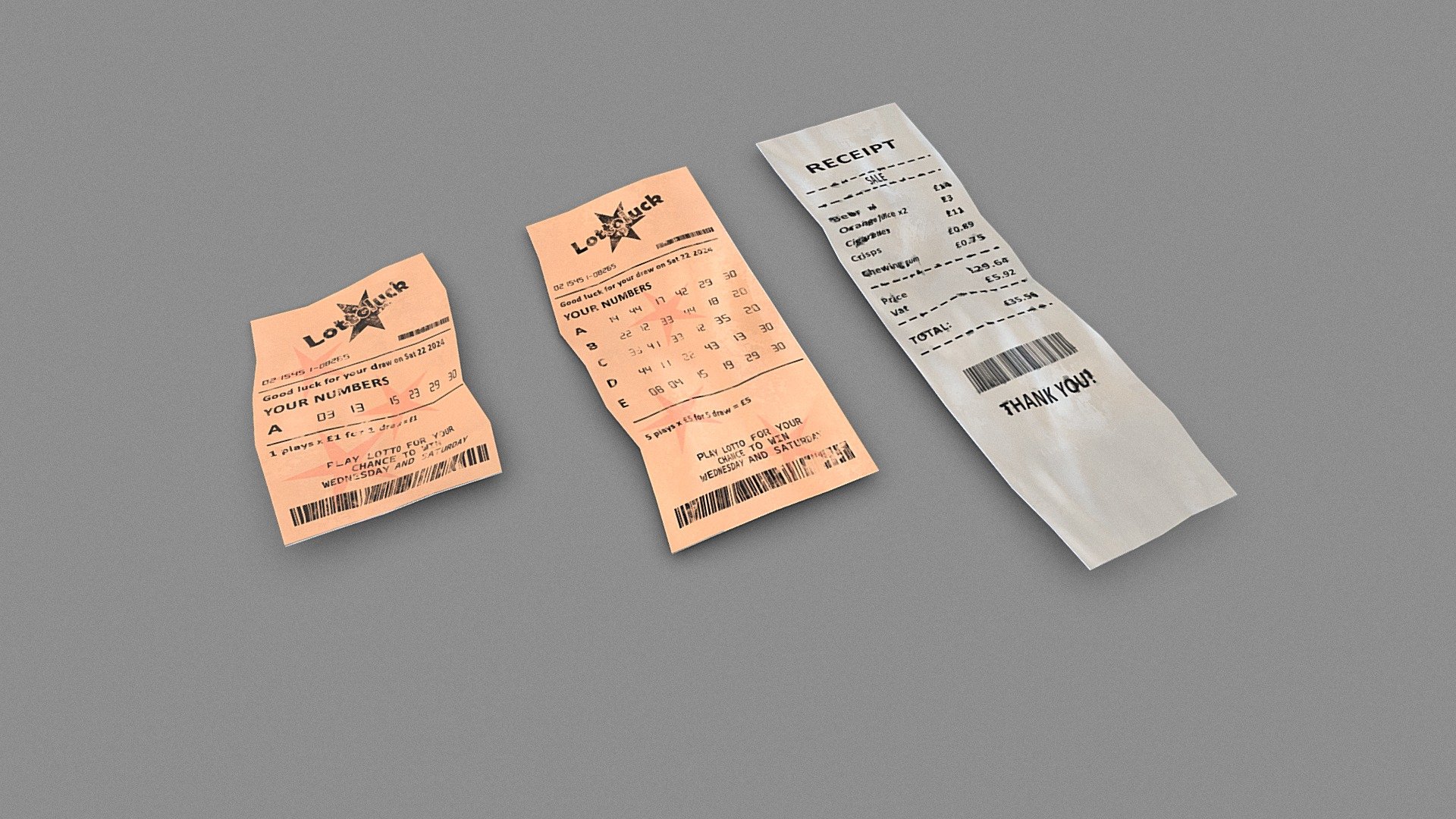 Lottery tickets and receipt 3d model