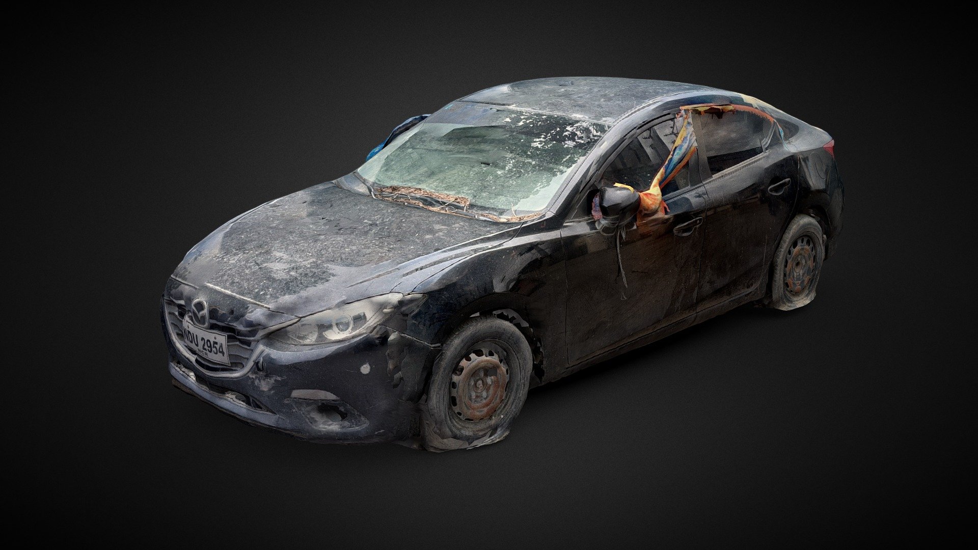 Abandoned Black Dirty Car With Tarpaulins 3d model