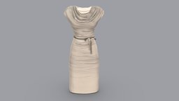 Cowl Neck Elegant Dress W Ribbon Tie Belt