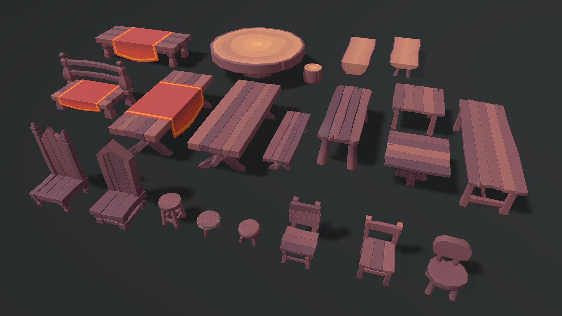 Stylized Low Poly Wooden Tables and Chairs 3d model