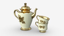 Teapot and Cups Decorated with Golden Flowers